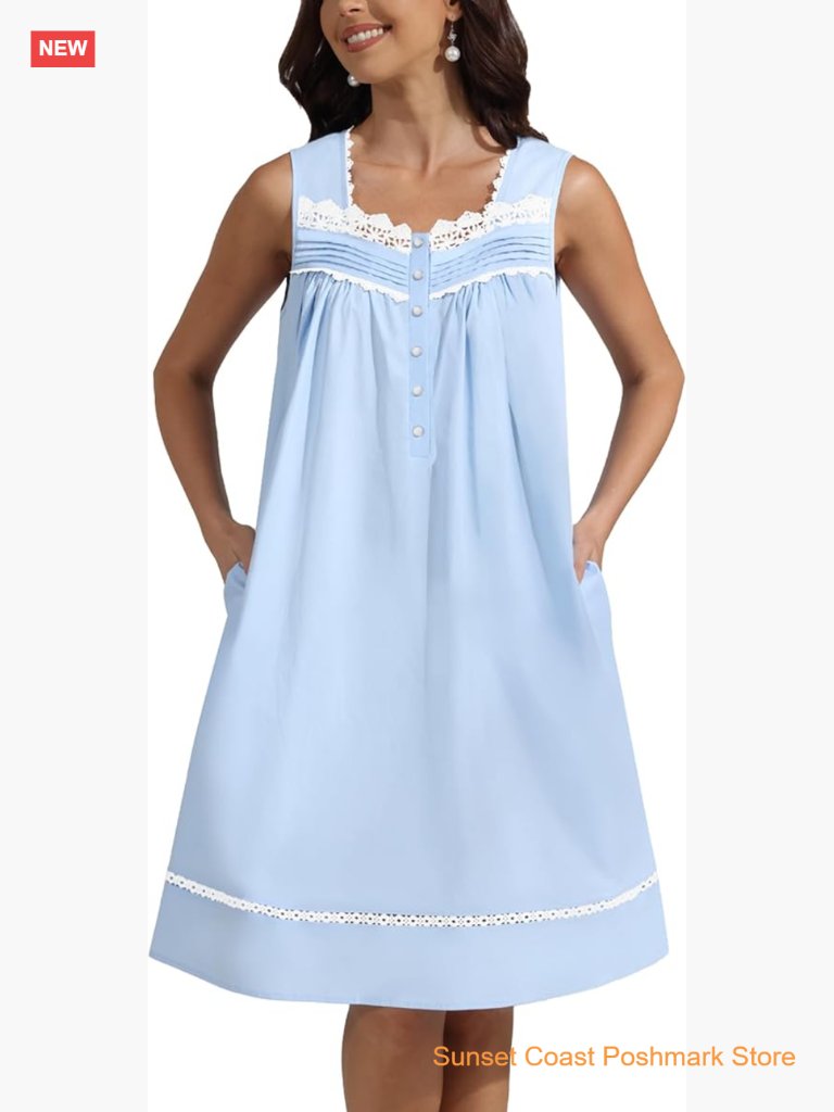Sleeveless Cotton Nightgown With Pockets Pearl Snap Buttons